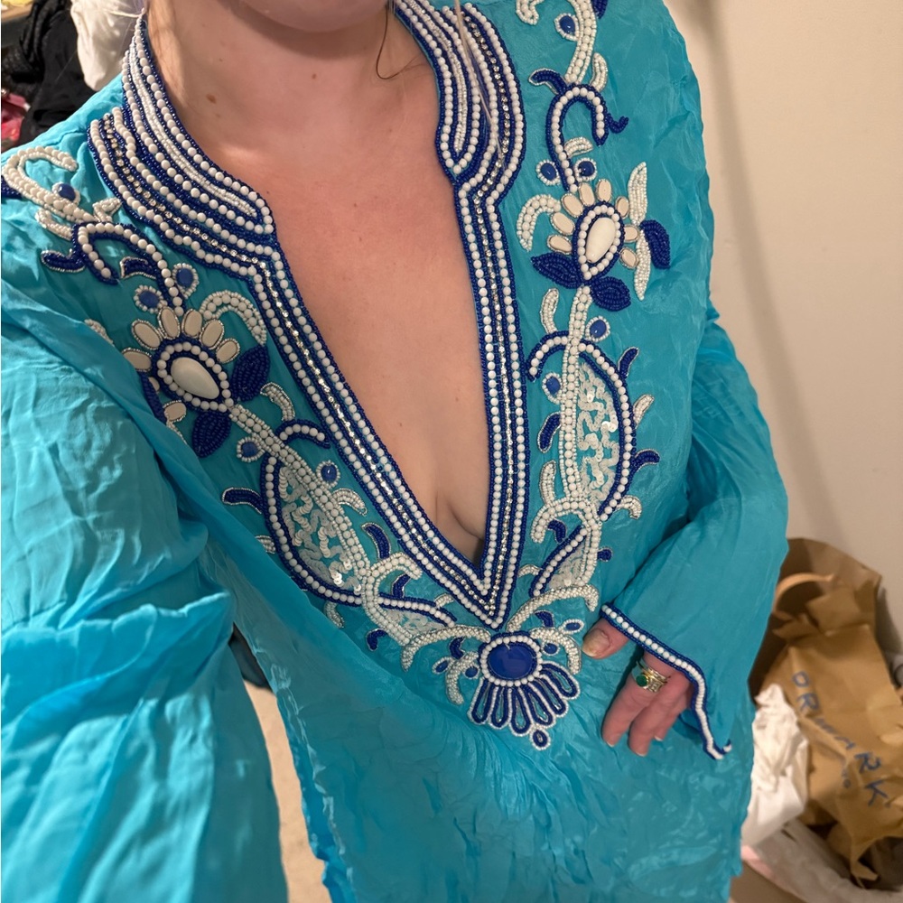 Deep v Blue and white embroidered cover-up dress tunic resort wear Boston proper